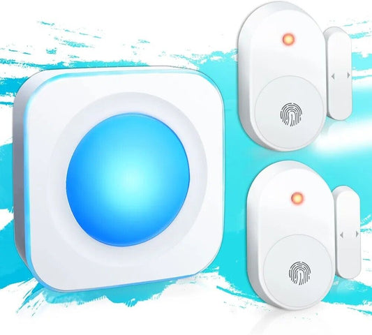 Wireless door alarm sensor kit with a blue light indicator and two sensors for enhanced home security