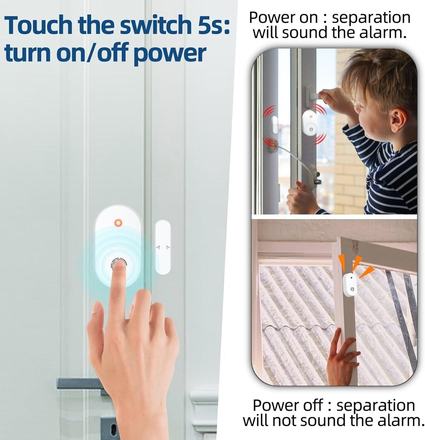 Wireless door alarm sensor with touch activation for added security and convenience in homes