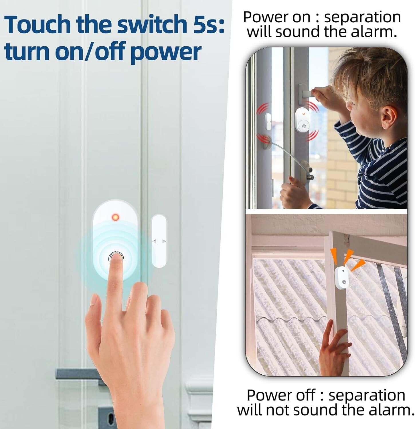 Wireless door alarm sensor with touch activation for added security and convenience in homes