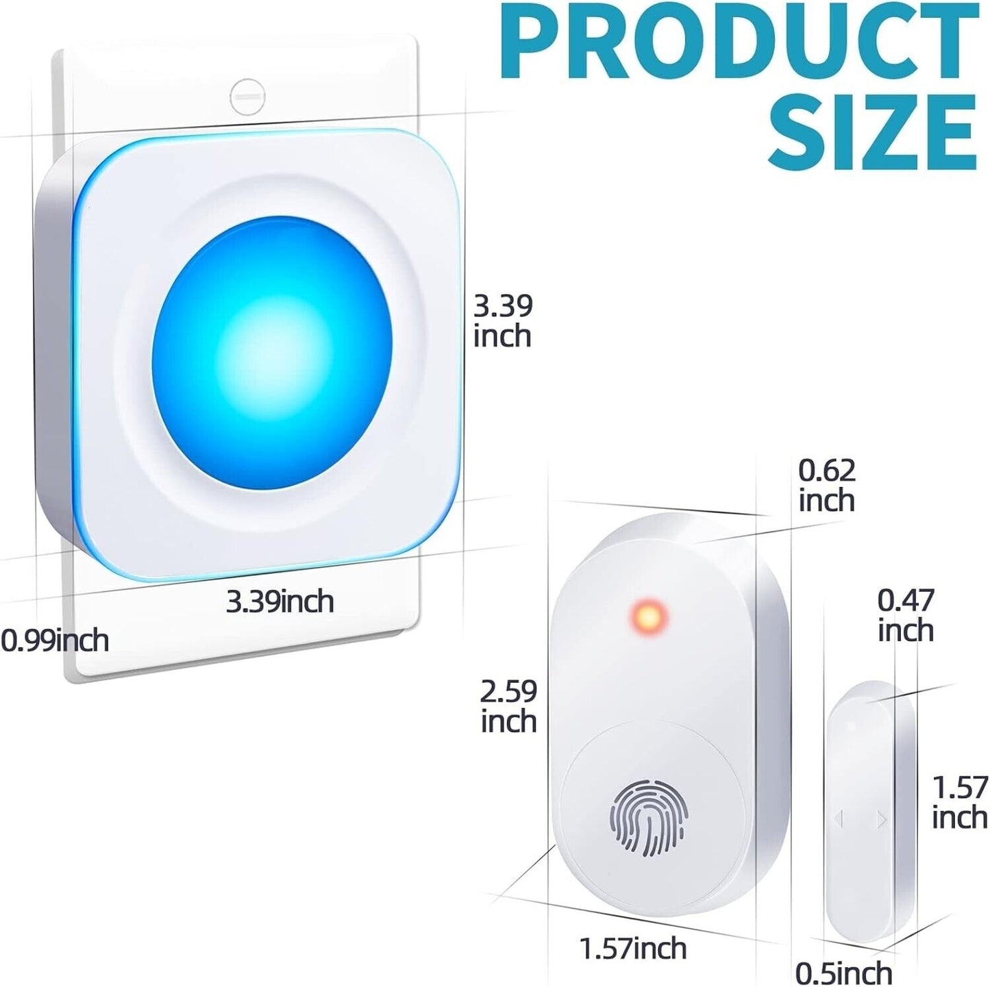 Wireless door alarm sensor dimensions with a blue indicator light and fingerprint button for security