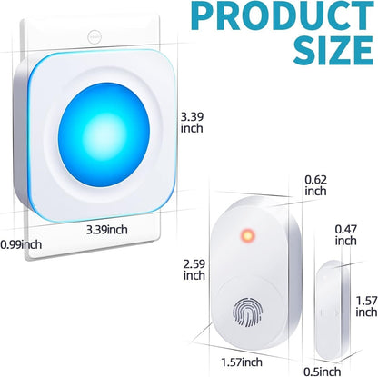 Wireless door alarm sensor dimensions with a blue indicator light and fingerprint button for security