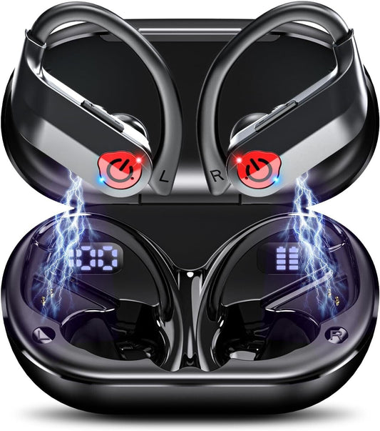 Black wireless earbuds with charging case featuring LED display and ergonomic design for comfort