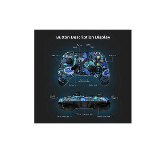 Wireless gamepad controller for Nintendo Switch with detailed button description display