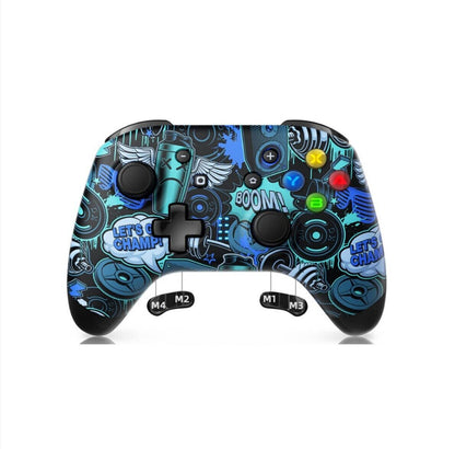Wireless gamepad controller for Nintendo Switch featuring a colourful graphic design with playful motifs