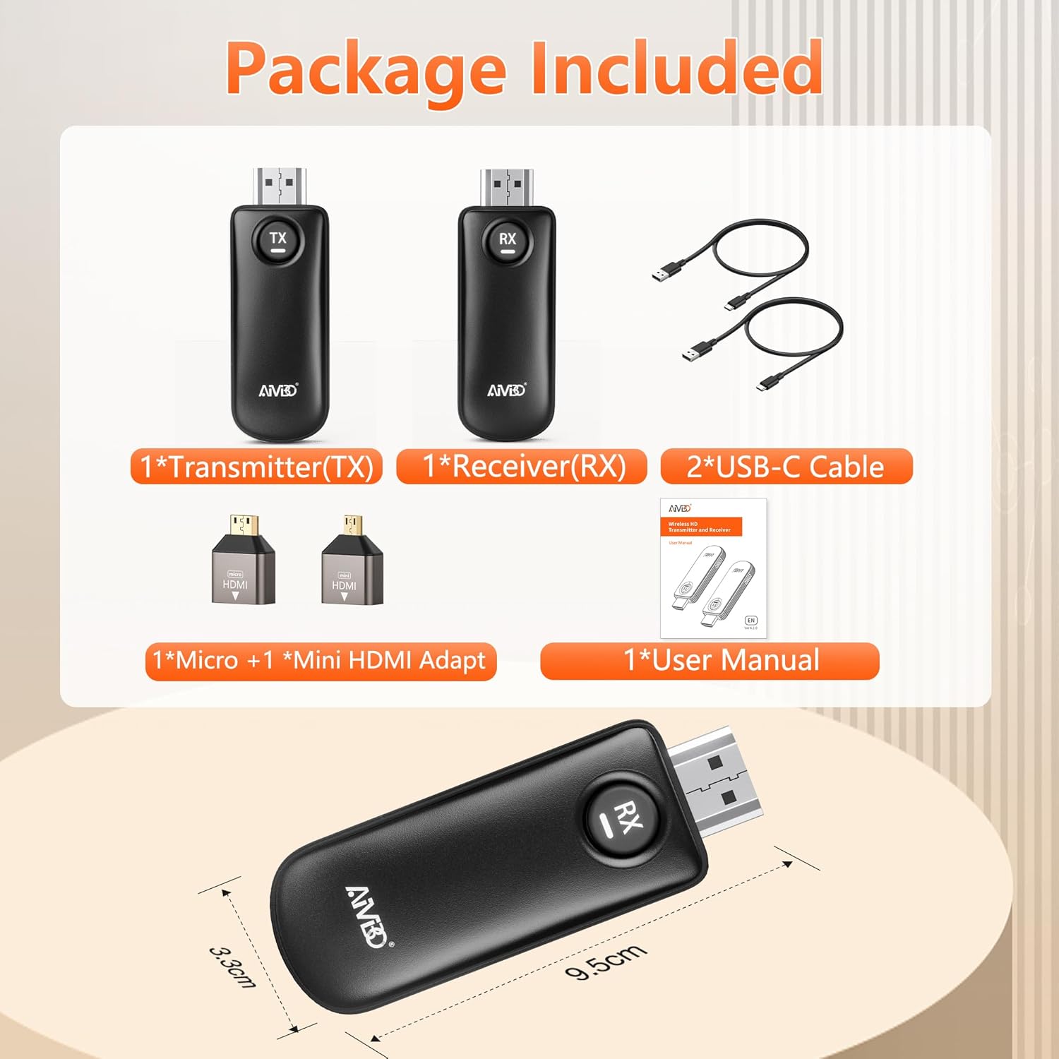 Wireless HDMI transmitter and receiver set including transmitter, receiver, USB-C cables and adapters