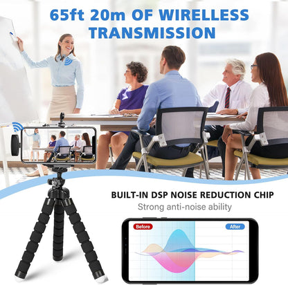 BALORIZ wireless lavalier microphone with 65ft range and built-in DSP noise reduction for clear audio