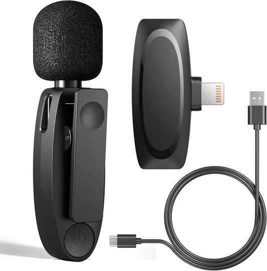 BALORIZ wireless lavalier microphone with clip, USB connector, and charging cable for clear audio recording