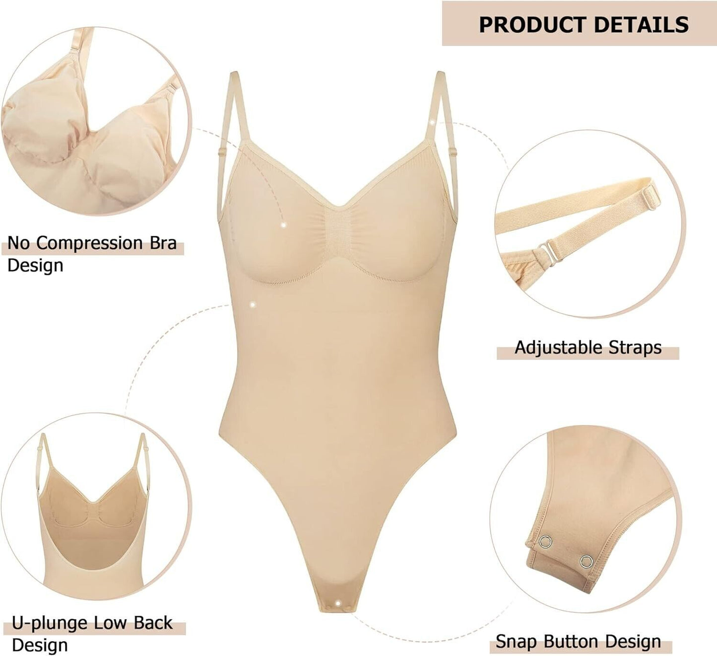 Nude backless shapewear for women with adjustable straps and snap button design