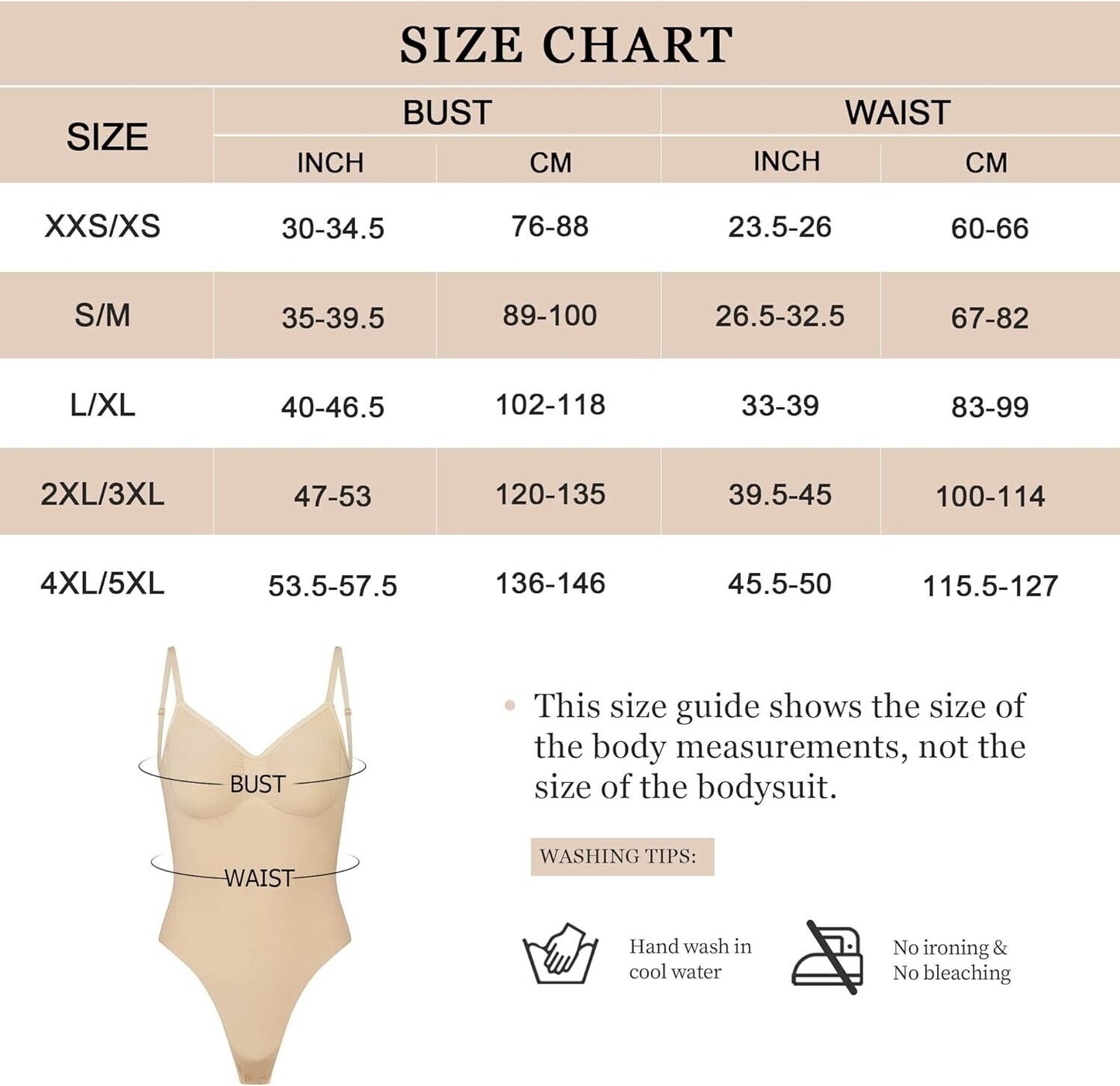 Size chart for backless shapewear for women showing bust and waist measurements