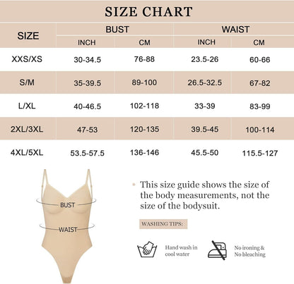 Size chart for backless shapewear for women showing bust and waist measurements