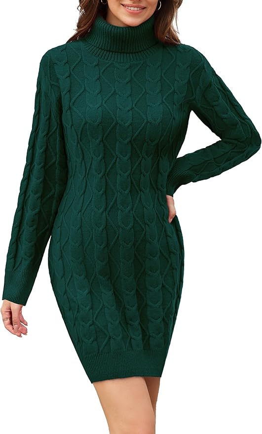 Votepretty roll neck jumper dress women in dark green with cable knit design for a stylish look