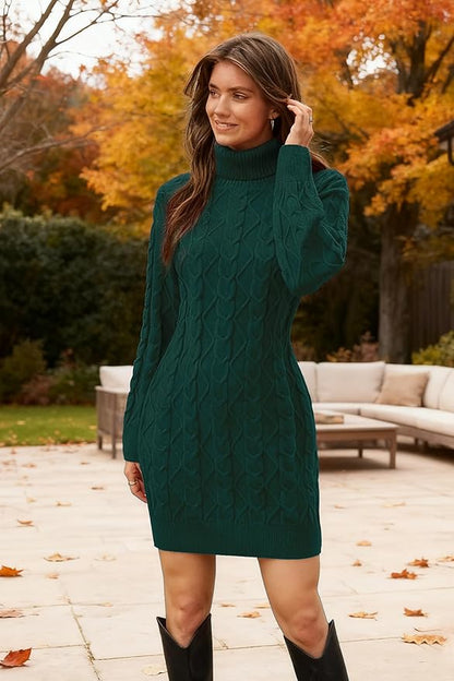 Stylish roll neck jumper dress women in deep green with a cable knit design, perfect for autumn fashion.