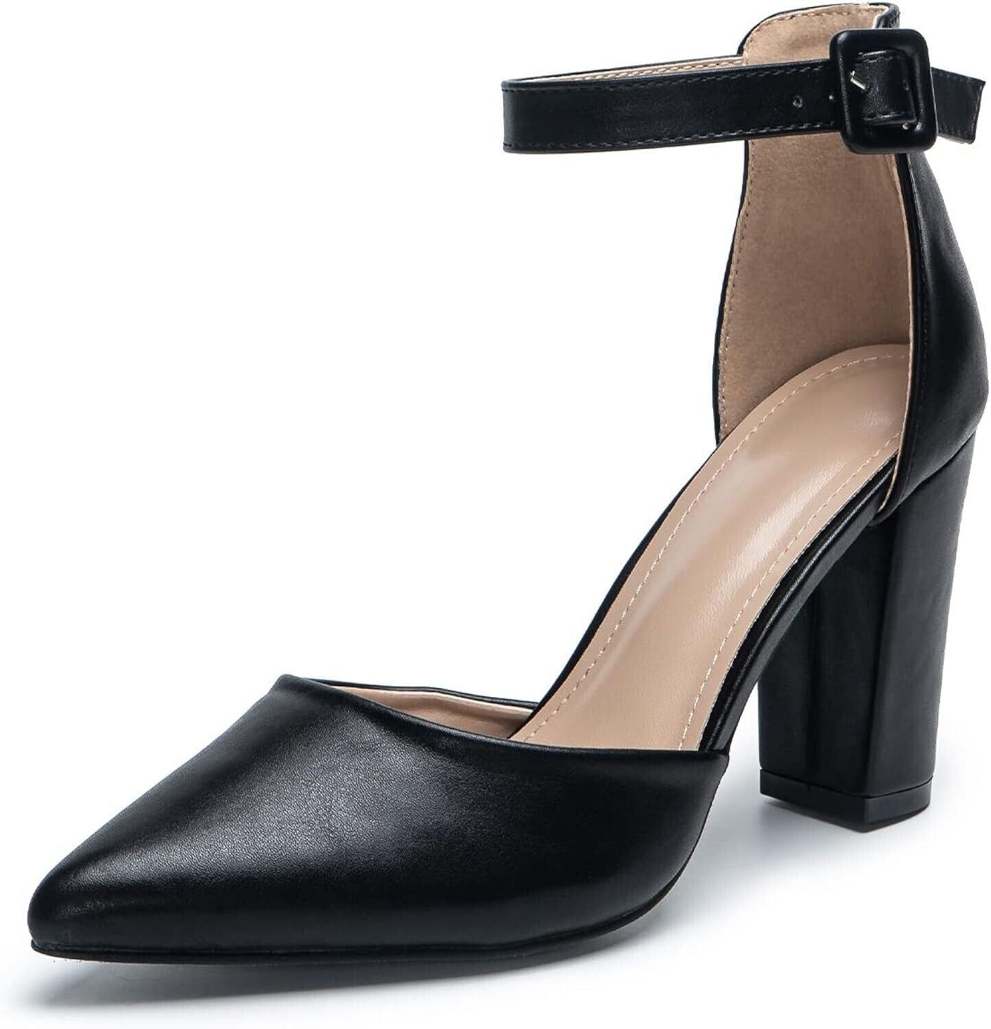 Womens black pointed toe court shoes with ankle strap and chunky heel for stylish occasions