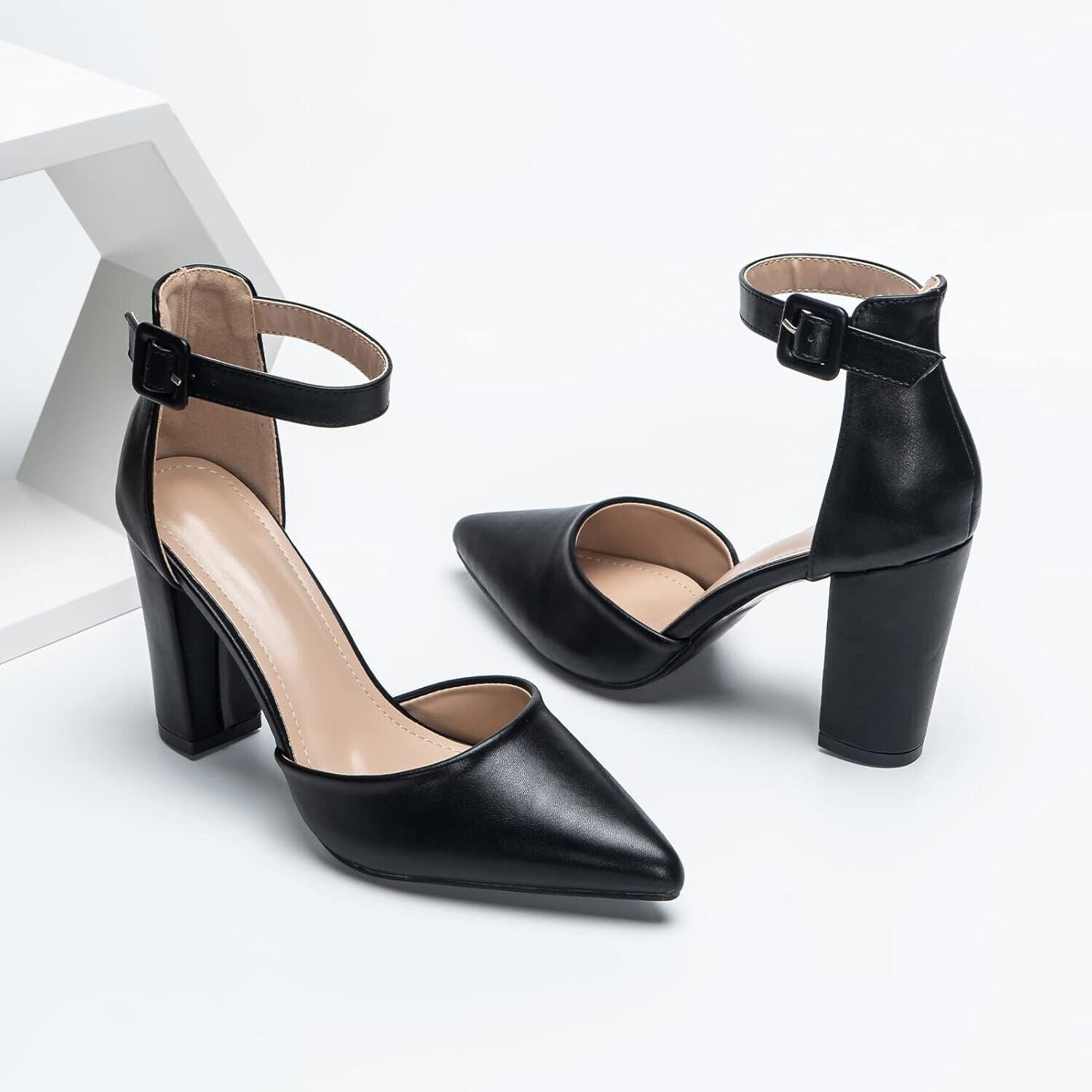 Womens black pointed toe court shoes with ankle strap and block heel for elegant style