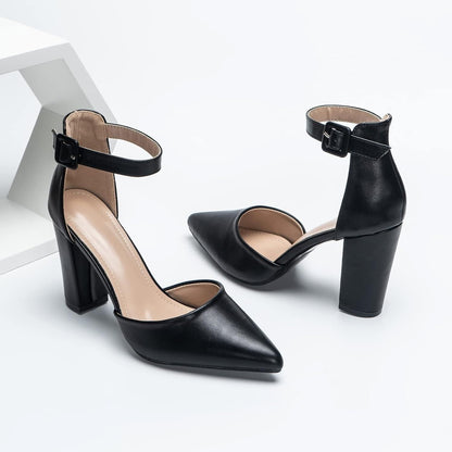 Womens black pointed toe court shoes with ankle strap and block heel for elegant style