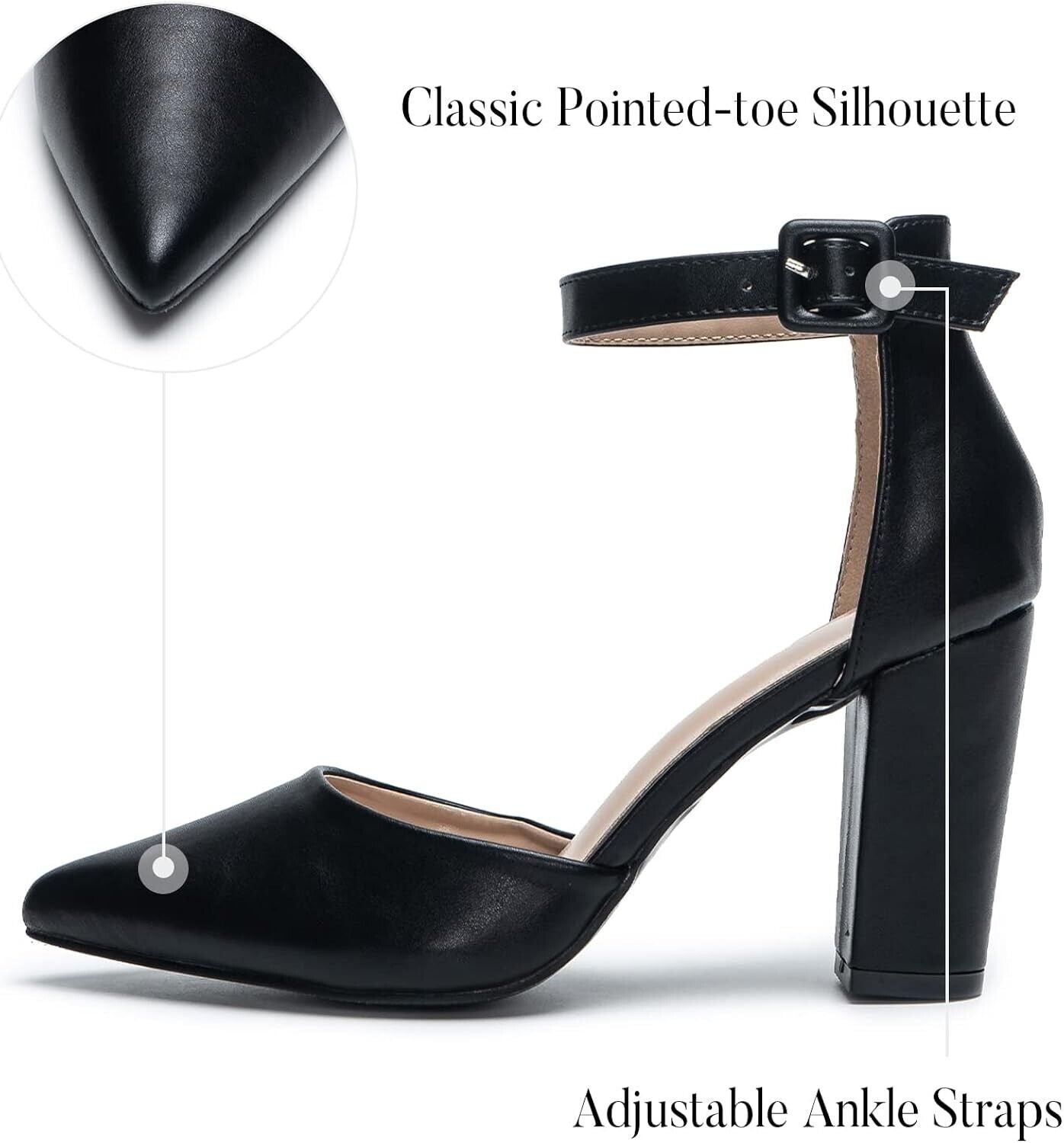 Womens black pointed toe court shoes with adjustable ankle straps and classic silhouette