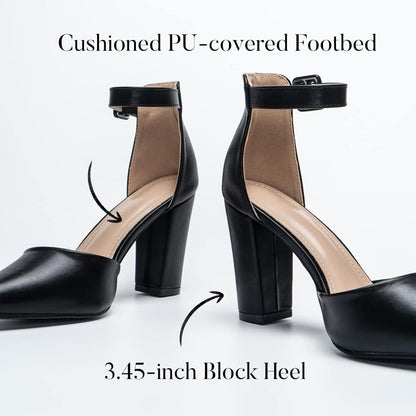 Womens black pointed toe court shoes with cushioned footbed and 3.45-inch block heel for elegant style