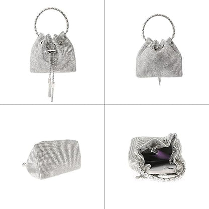 COAIMANEY women's evening clutch bag in silver with a drawstring closure and sparkling design
