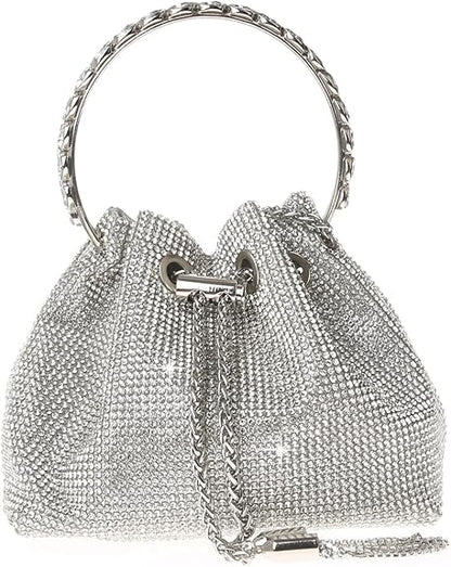 COAIMANEY women's evening clutch bag in silver with a trendy ring handle and sparkling design