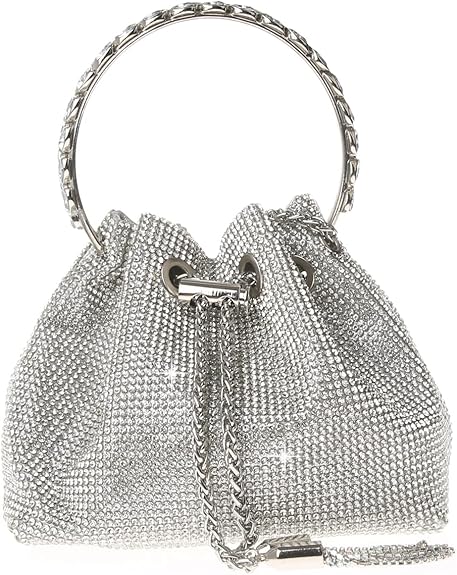 COAIMANEY women's evening clutch bag in silver with a trendy ring handle and sparkling design