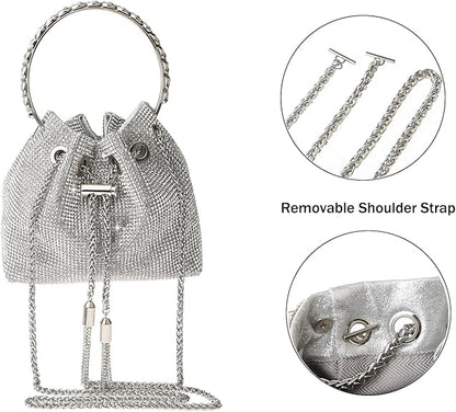 Stylish silver women's evening clutch bag with removable shoulder strap and chain detail