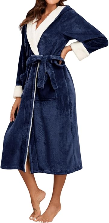 FEOYA women's fleece hooded dressing gown in navy blue with a plush white collar and belt