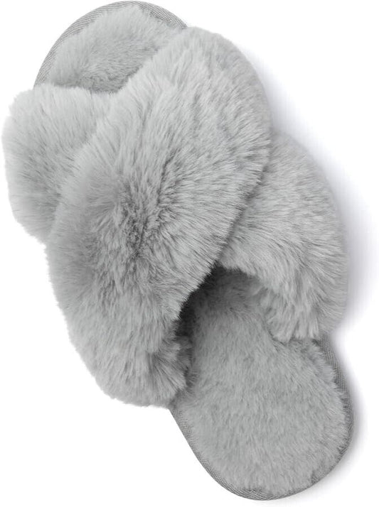 JaneTroides women's fuzzy slippers in soft grey with cross-band design for ultimate comfort