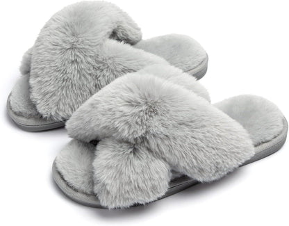 JaneTroides women's fuzzy slippers in grey with soft, plush design for comfort at home