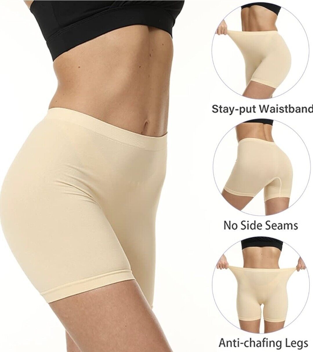Beige womens seamless slip shorts featuring a stay-put waistband and anti-chafing legs