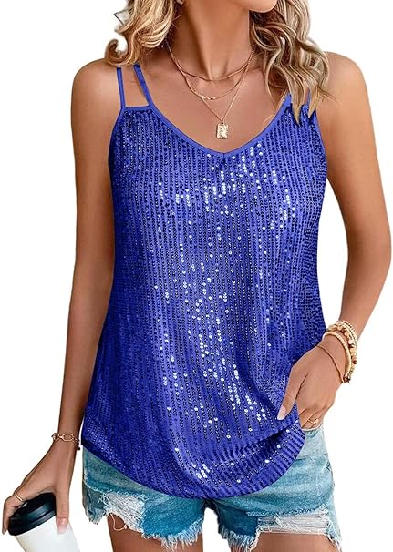 Suncife womens sequin v neck top in blue with stylish straps, perfect for summer outings