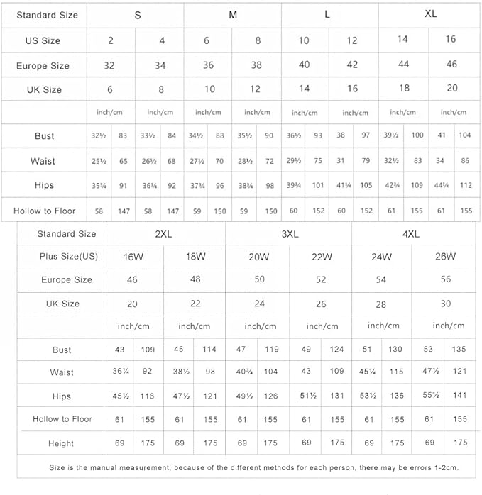 MisShow women's vintage chiffon evening dress size chart with measurements for a perfect fit