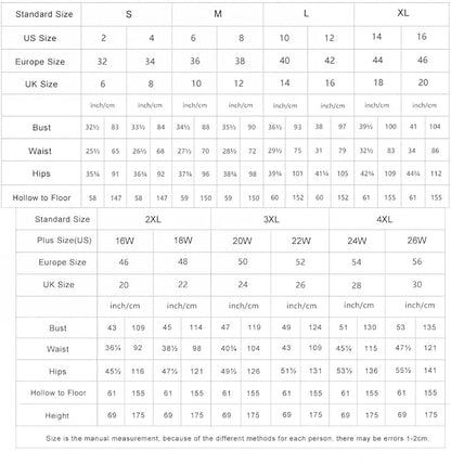 MisShow women's vintage chiffon evening dress size chart with measurements for a perfect fit