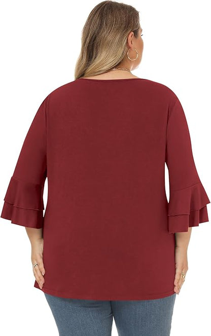 Back view of a women's XL red blouse with flared sleeves, perfect for casual wear