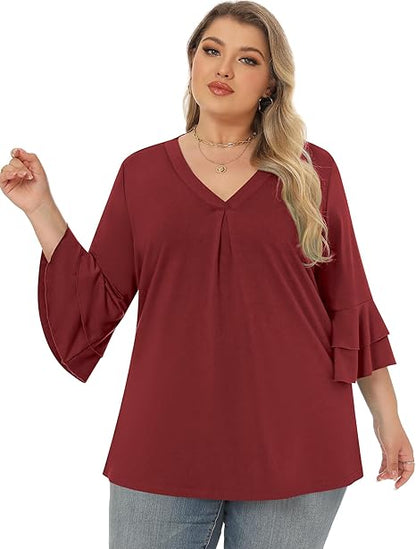 Rapbin women's XL red blouse with bell sleeves and a V-neck for casual style