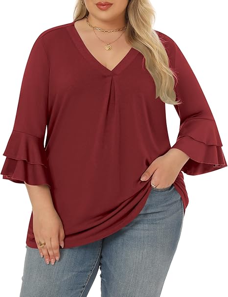 Rapbin women's XL red blouse with flared sleeves and a stylish V-neck design