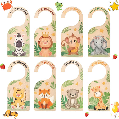 Vinuwu wooden baby wardrobe dividers with adorable animal designs and month labels from 0-3 to toddler