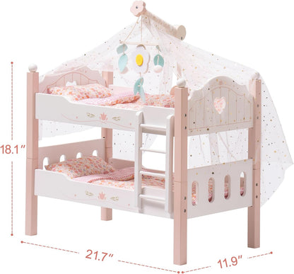 Robotime wooden doll bunk bed for 18 inch dolls with a canopy and vibrant bedding