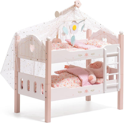 Robotime wooden doll bunk bed for 18 inch dolls with a canopy and floral bedding