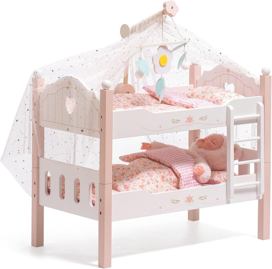 Robotime wooden doll bunk bed for 18 inch dolls with a canopy and floral bedding