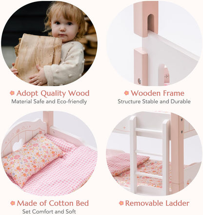 Robotime wooden doll bunk bed for 18 inch dolls featuring eco-friendly wood and removable ladder