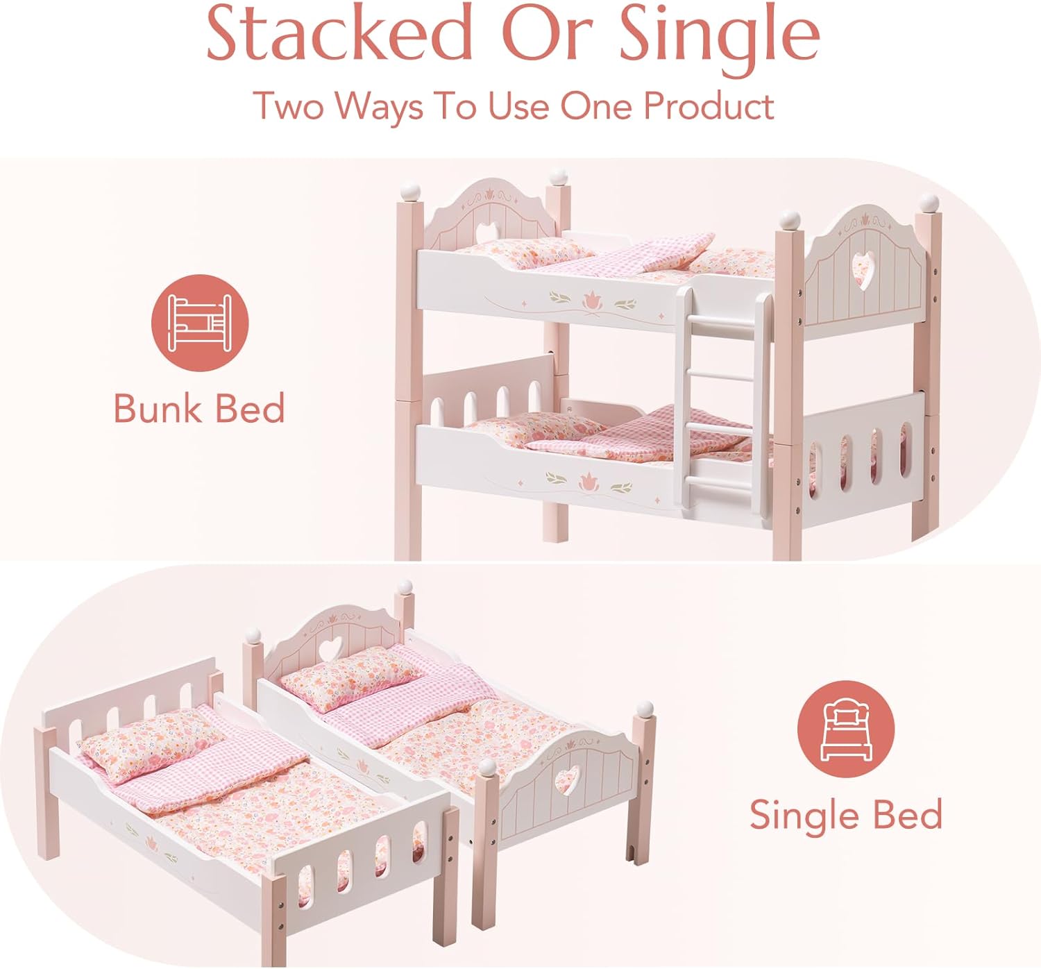 Robotime wooden doll bunk bed for 18 inch dolls in stacked and single configurations with pink bedding