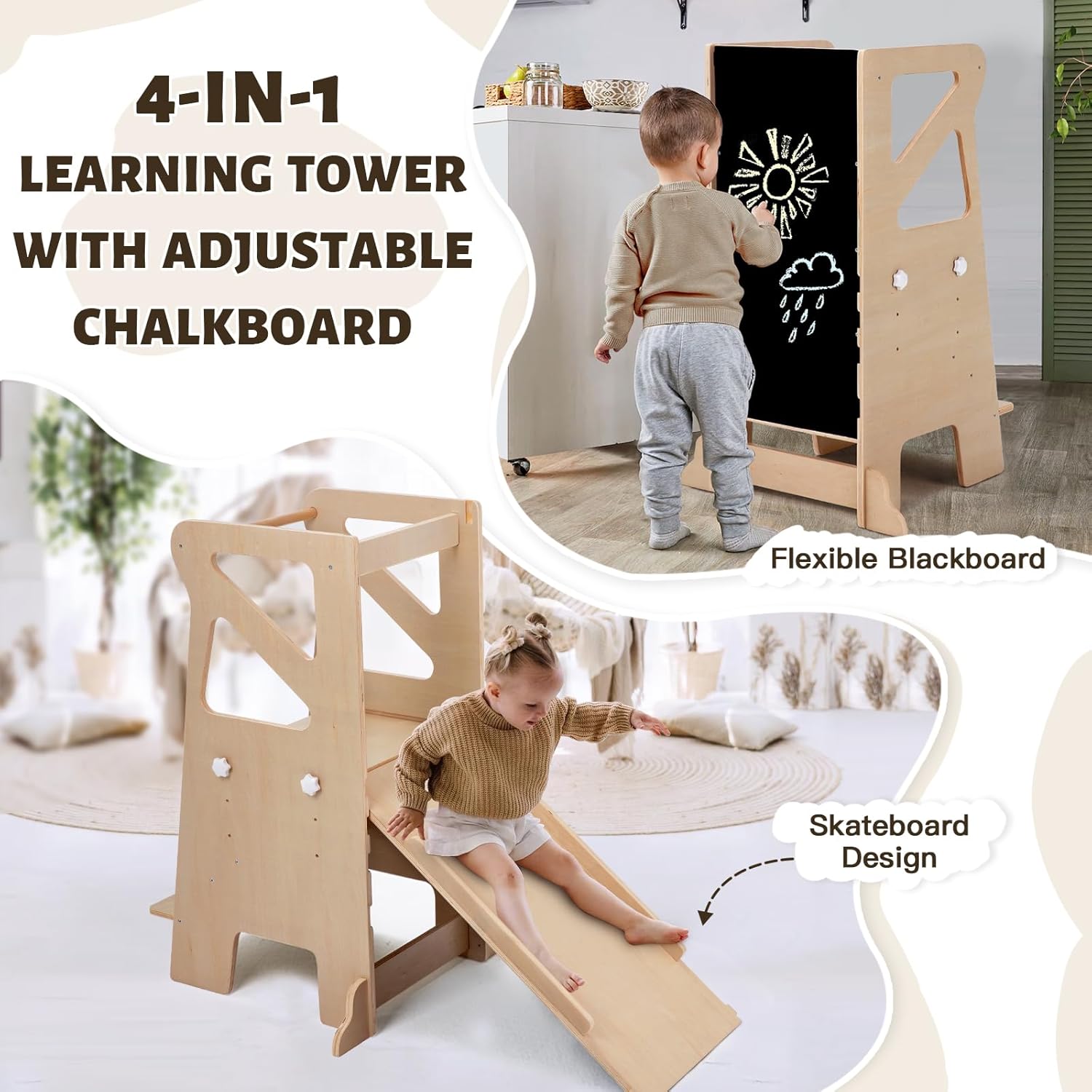 4-in-1 learning tower with adjustable chalkboard and skateboard design, ideal wooden kitchen step stool for toddlers