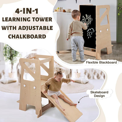 4-in-1 learning tower with adjustable chalkboard and skateboard design, ideal wooden kitchen step stool for toddlers