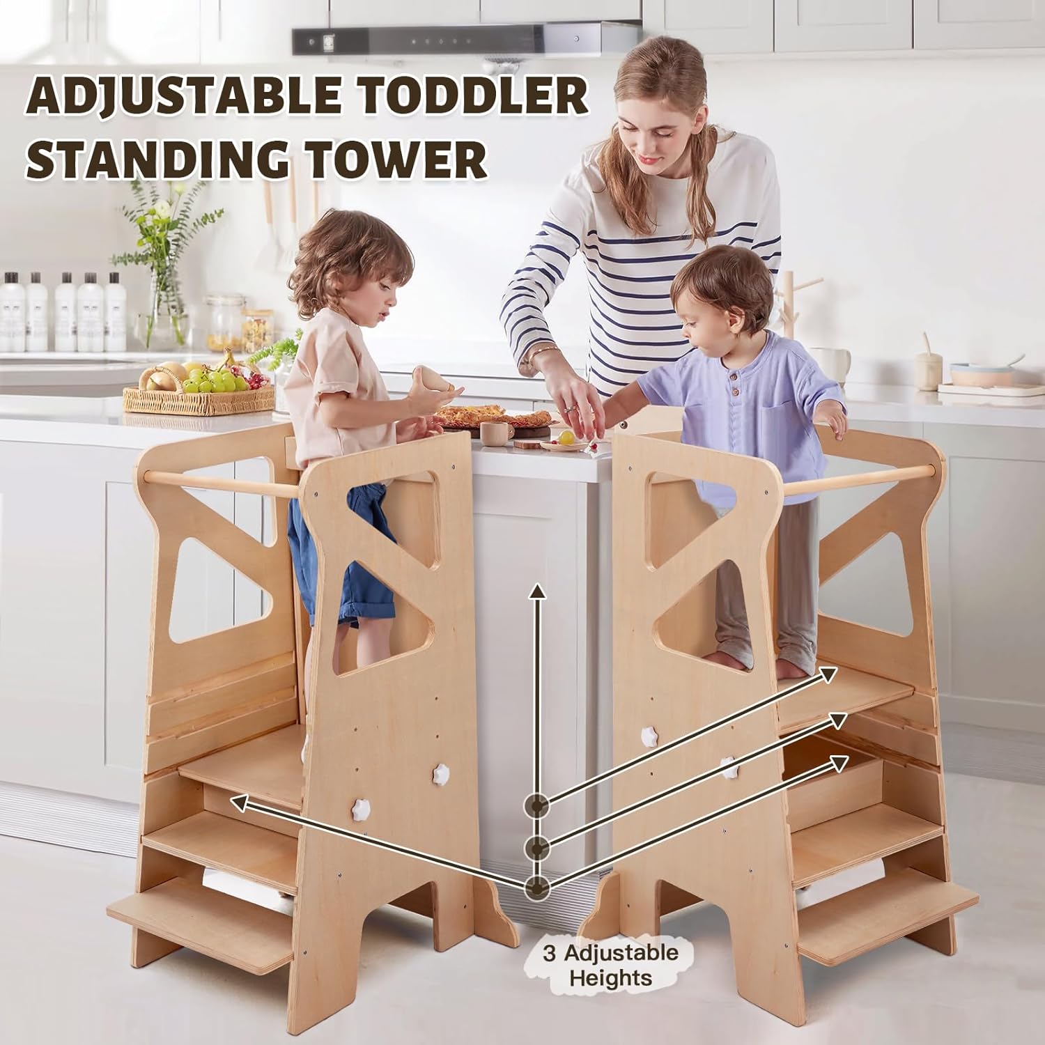 JOLIE VALLÉE wooden kitchen step stool for toddlers with adjustable heights for safe learning and play