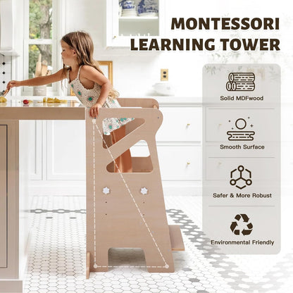 Girl using a wooden kitchen step stool for toddlers in a modern kitchen, promoting independence and safety