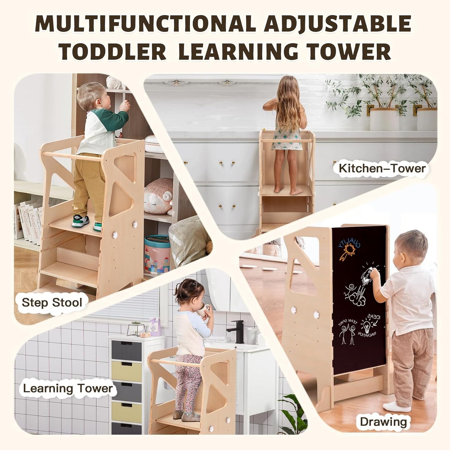 Multifunctional adjustable wooden kitchen step stool for toddlers with various uses like drawing and kitchen access