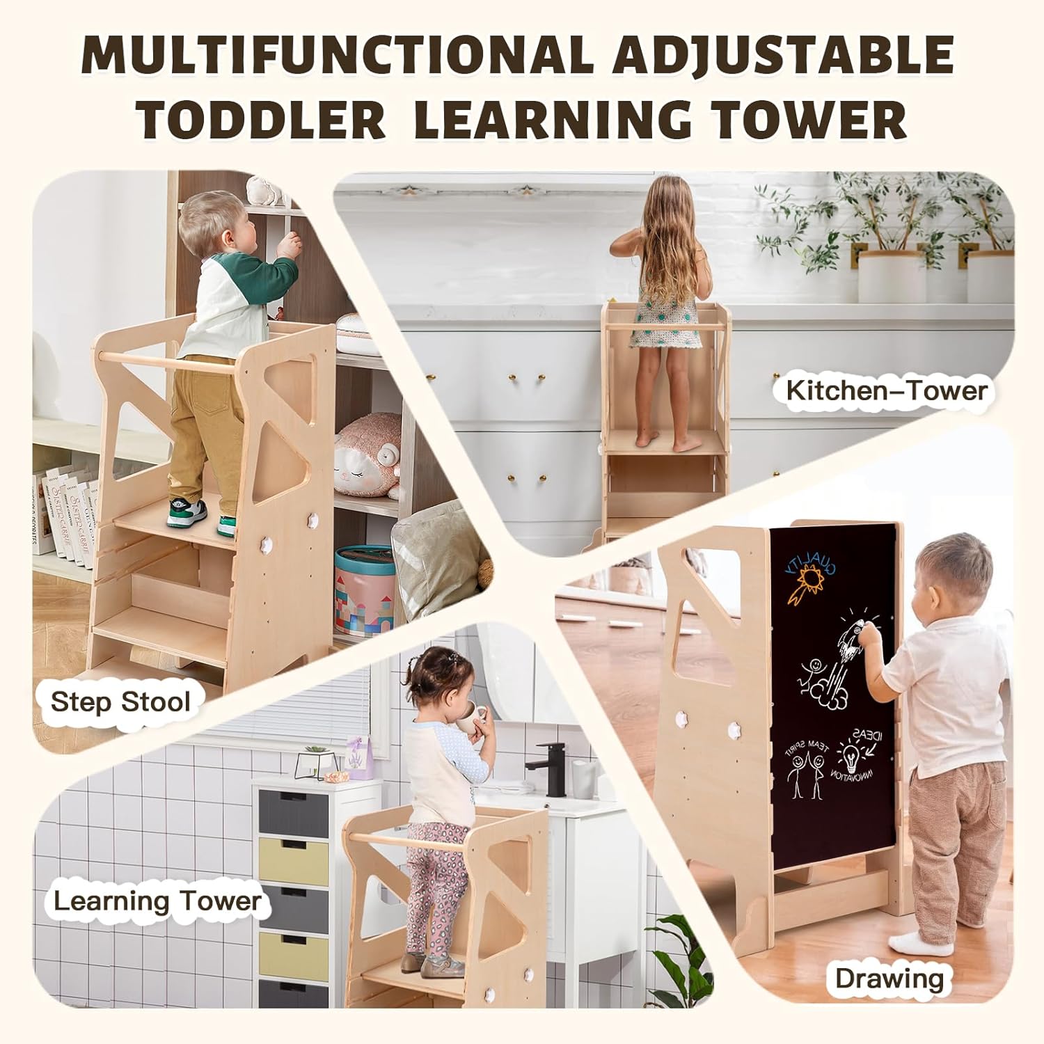 Multifunctional adjustable wooden kitchen step stool for toddlers with various uses like drawing and kitchen access