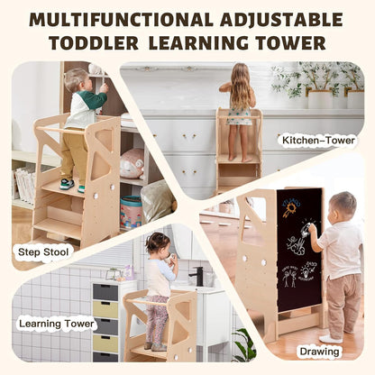 Multifunctional adjustable wooden kitchen step stool for toddlers with various uses like drawing and kitchen access