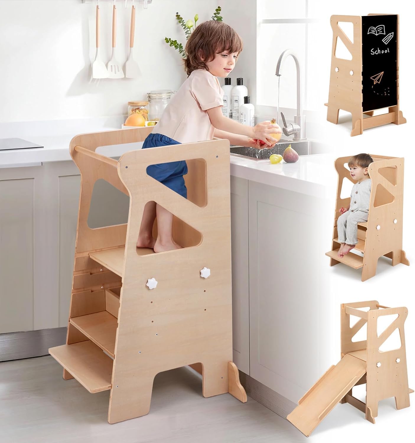 Wooden kitchen step stool for toddlers with safety features for easy access to countertops