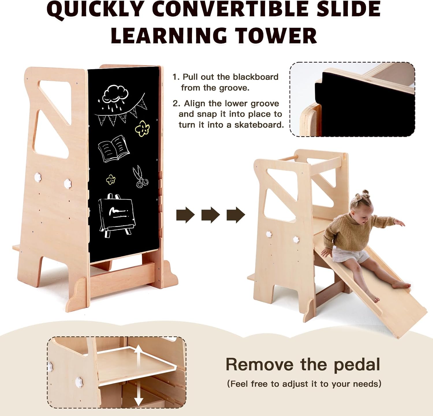 JOLIE VALLÉE wooden kitchen step stool for toddlers with a chalkboard and slide feature for learning fun